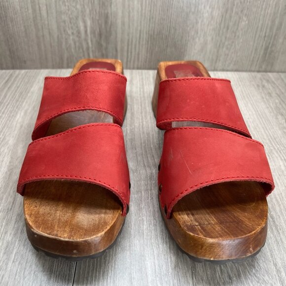 Bongo Wooden Platform Clog Sandal Size 9 Slip On Block Heel Open Toe Leather Red - Picture 4 of 12